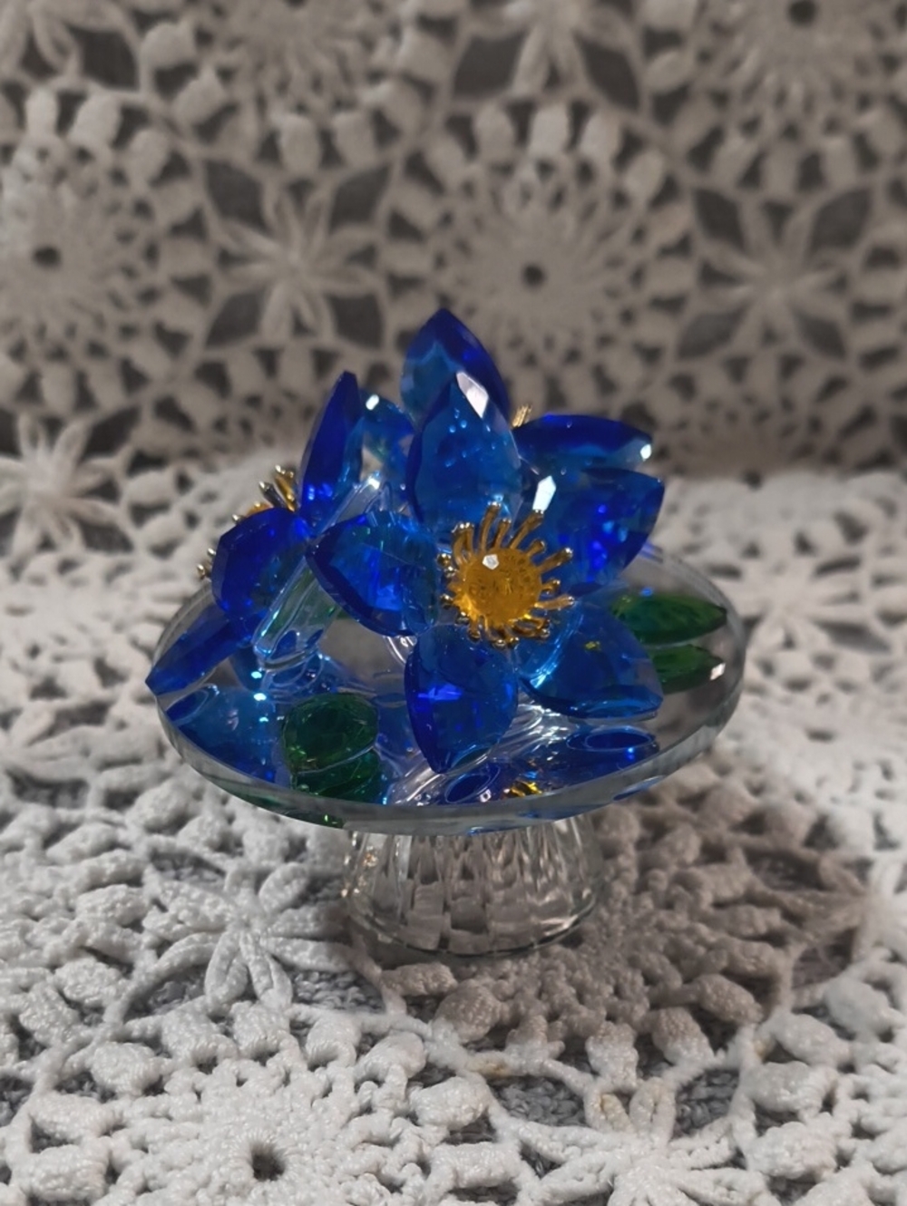 Blue Crystal Floral Accent Sculpture with Gold Detail